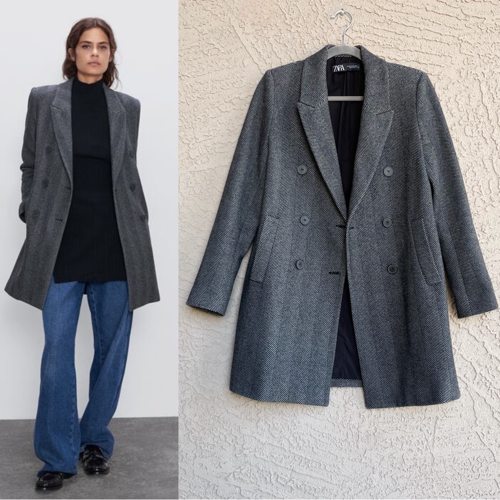 ZARA Gray Black Herringbone Double Breasted Oversized Lapels Faux Wool Pea Coat